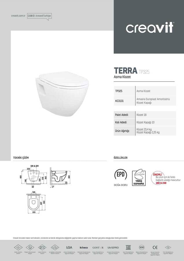 Creavit TP325 Terra Asma Klozet + Yeni Silim Yavaş Kapanır Kapak